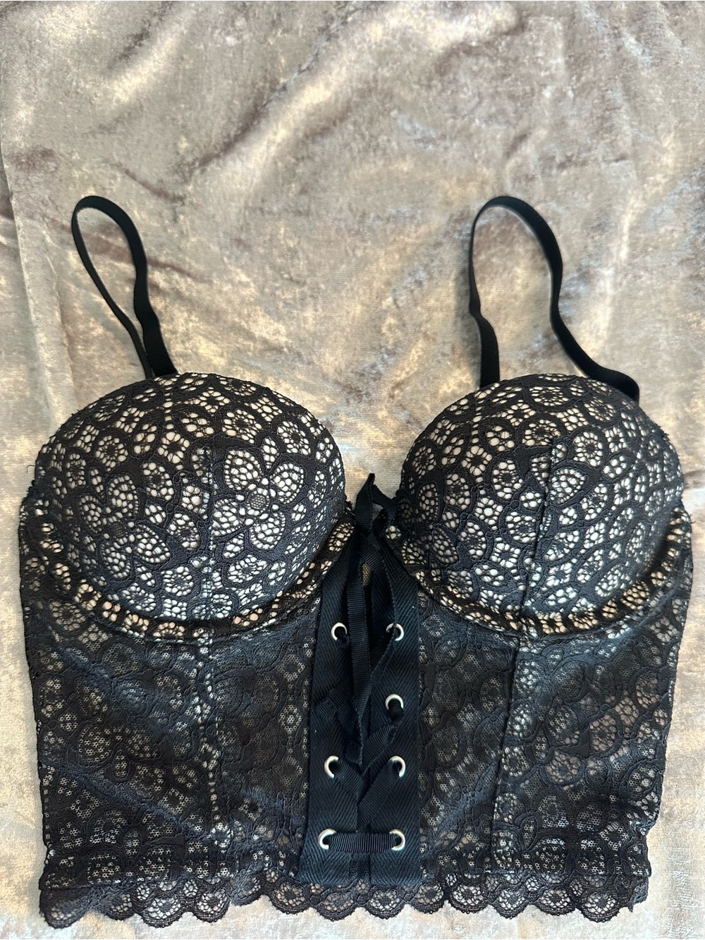 32C- Victoria's Secret Black Lace Longline Bustier Bra with Lace-Up Front